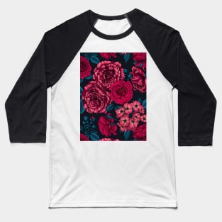 Pink, red and bi-color roses with blue leaves on black Baseball T-Shirt